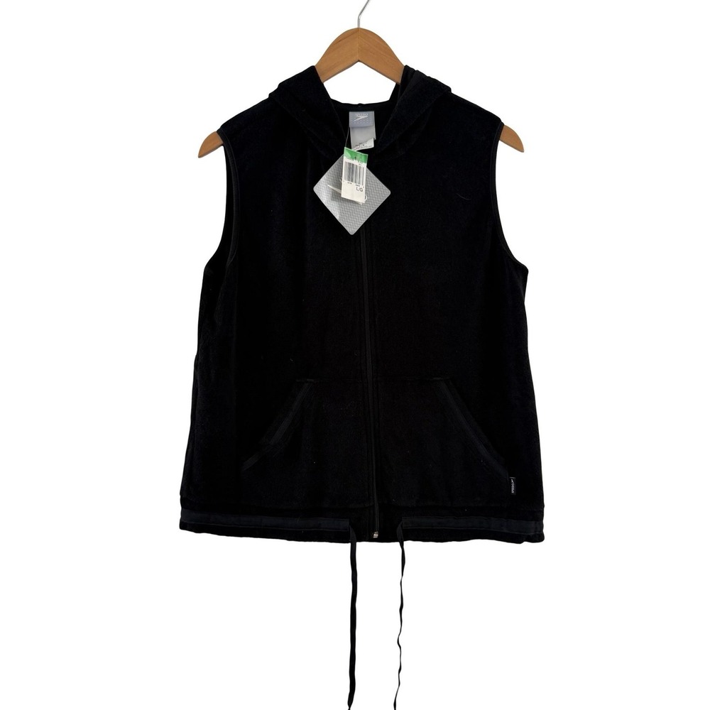 Vintage Speedo Vest Womens L Black Terry Cloth Hooded Full Zip Swim Cover Up NWT
